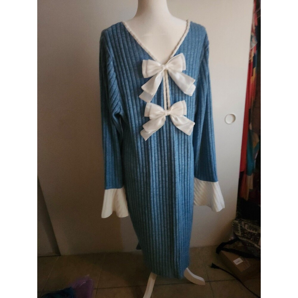 Blue Chenille Look Sweater Knit Bow Accented Bell Sleeves Maxi Dress 20 4X NWOT